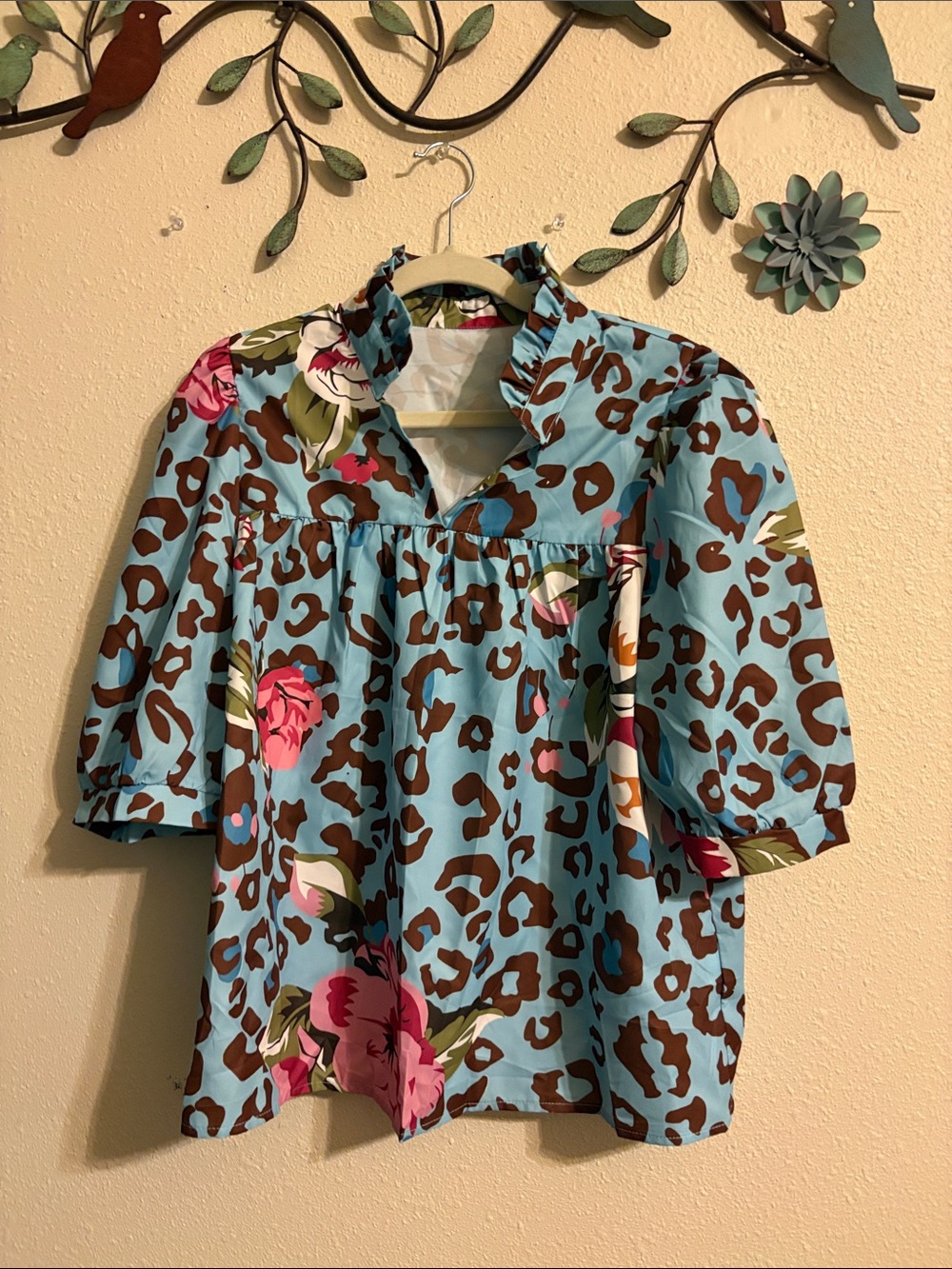 Women’s Blue Floral & Leopard Print Popover Blouse